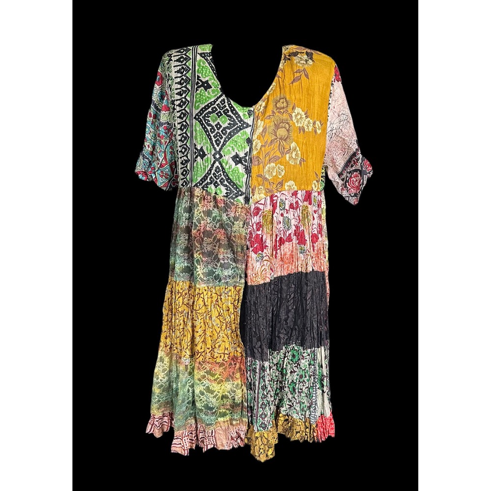 Jakelin Womens Vintage Silk Patchwork Tiered Boho Dress Multicolor Artsy Large